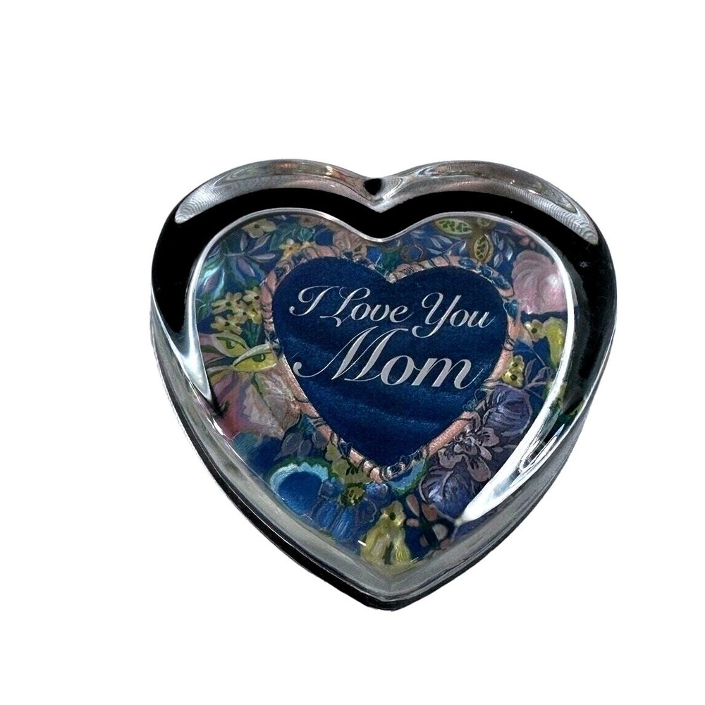 I Love You Mom Heart Shaped Glass Paperweight Floral Mother's‎ Day Gift
